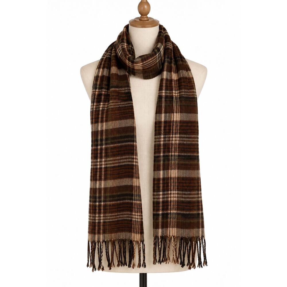 100% Cashmere Scarf Made in Scotland Brown Plaid Fringe SOFT Preppy Heritage